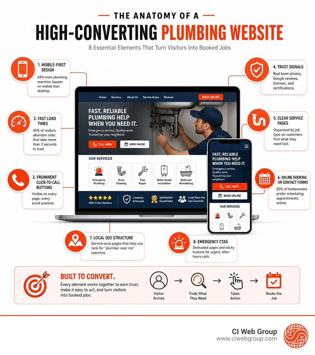 Anatomy of a high-converting plumbing website infographic with key elements labeled infographic