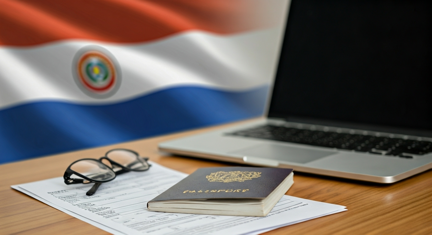 Paraguay passport and tax forms on desk