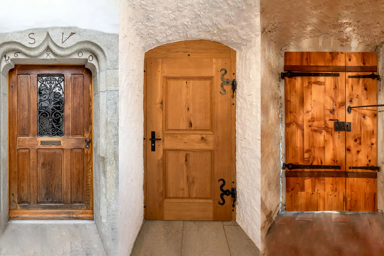 Holztüren und Tore in traditioneller Handwerkskunst mit Eisenbeschlägen und Massivholz.