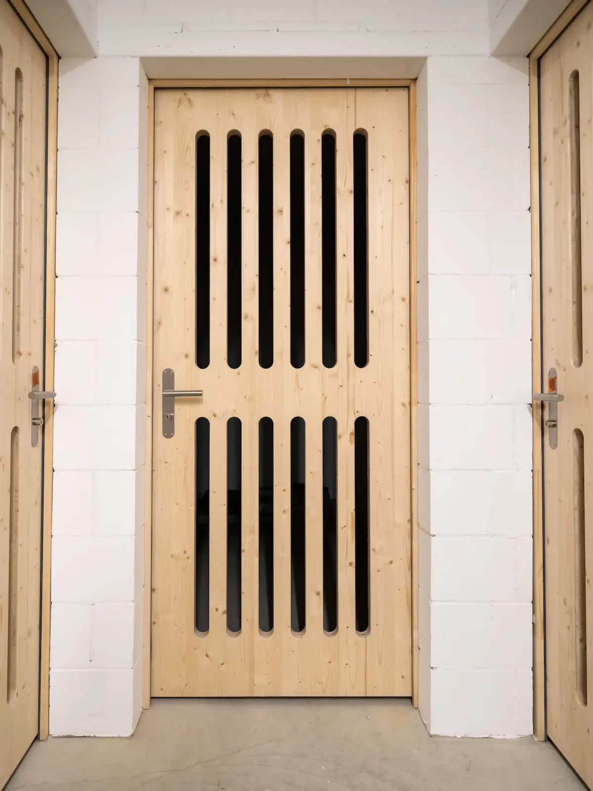 Massgefertigte Holztür mit vertikalen Öffnungen zur Luftzirkulation in den Kellerräumen Obstgarten Würenlingen