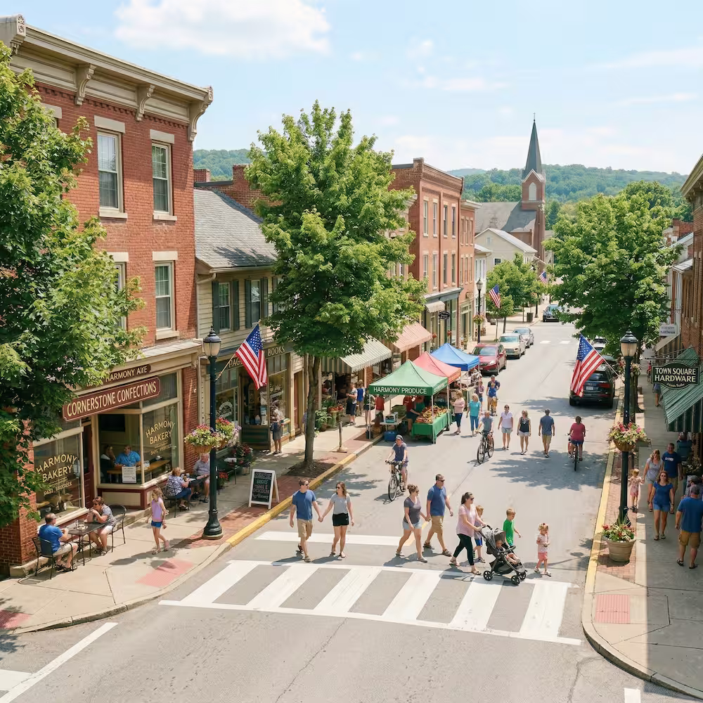 People walking and biking on a sunny main street in a small town with red brick buildings, shops, and green trees.