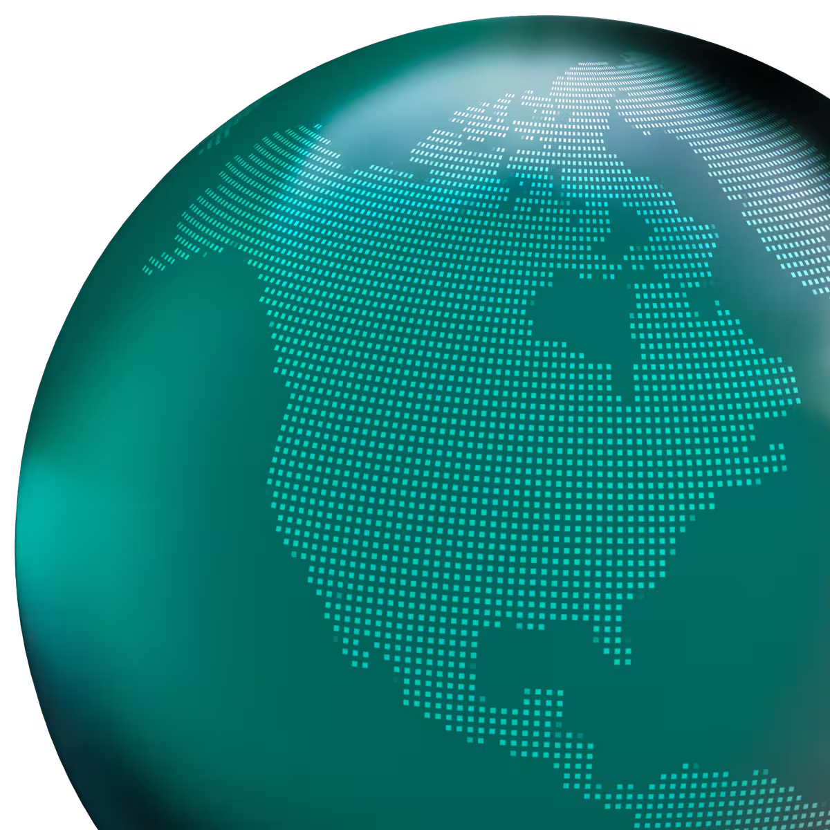 Digital globe showing pixelated map of North America in shades of teal and blue.