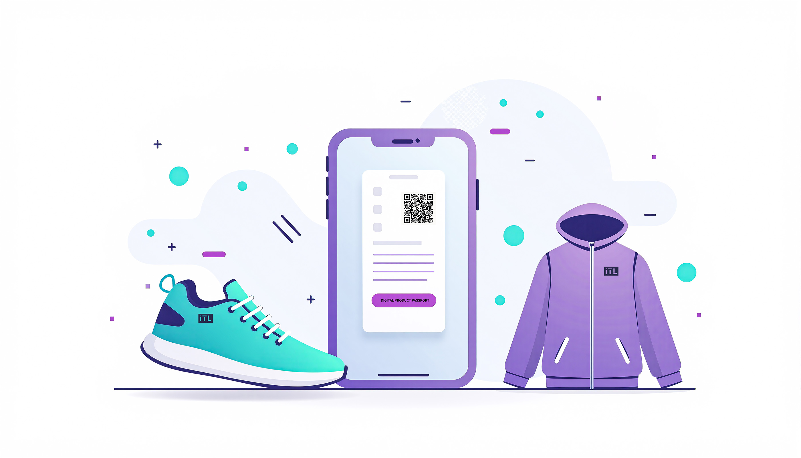 Illustration of a phone scanning a QR code, with a trainer and a hoodie