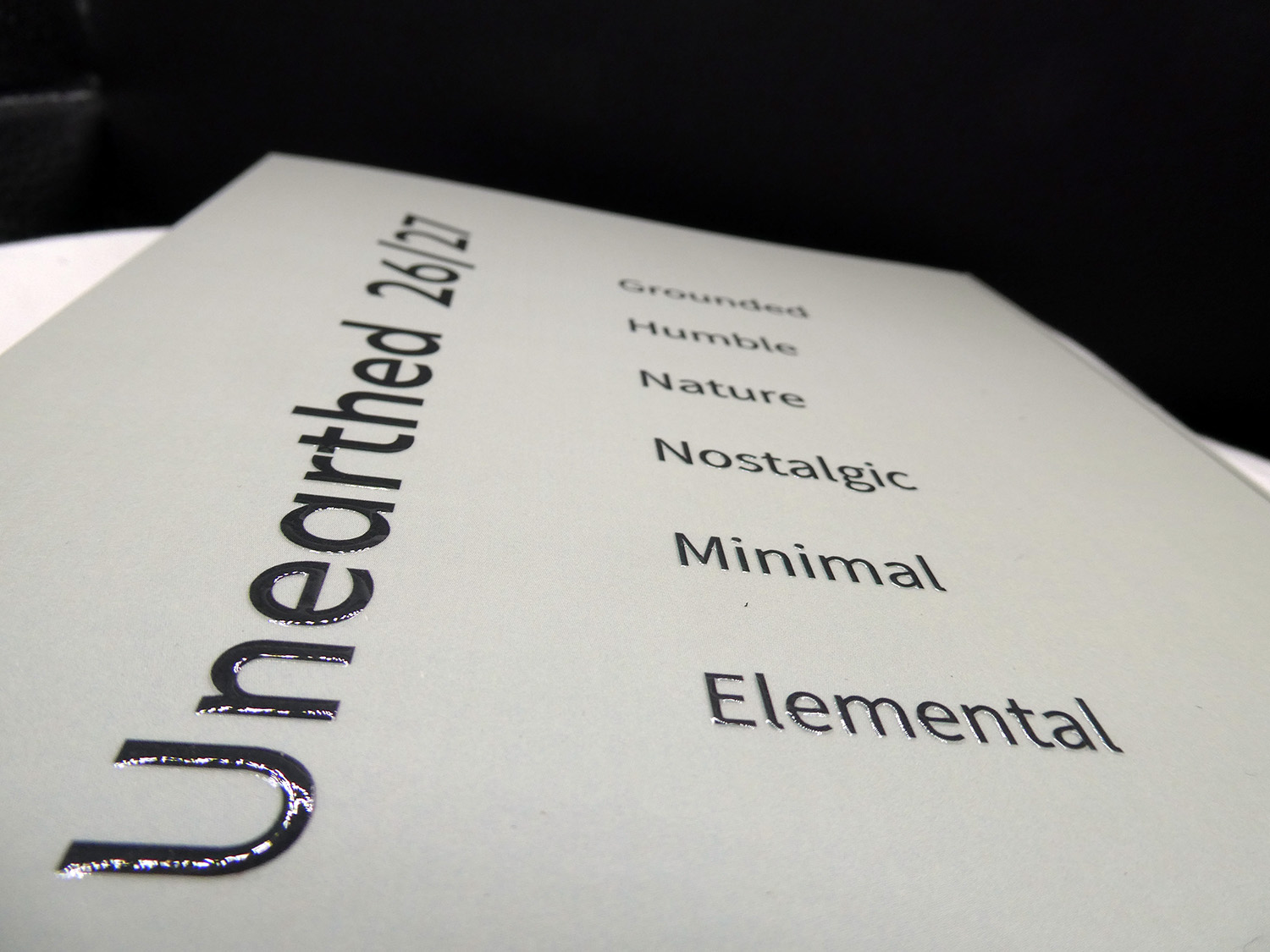 White Unearthed 26/27 folio page listing Nature, Nostalgic, Minimal and Elemental