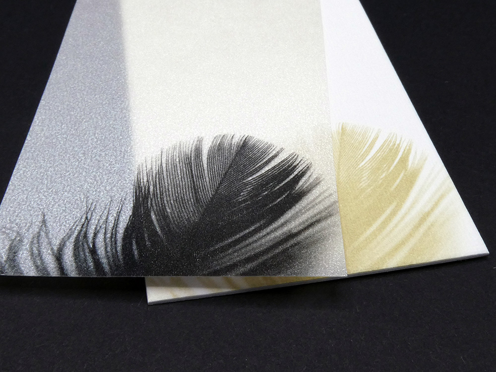 Layered swing tags printed with black and gold feathers