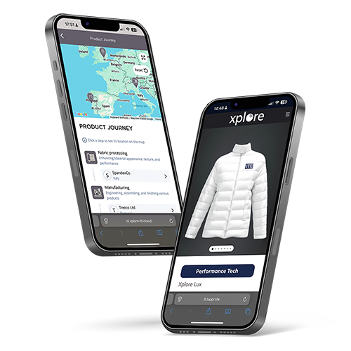 Two phones showing the Xplore app: a product journey map and a jacket's digital product passport