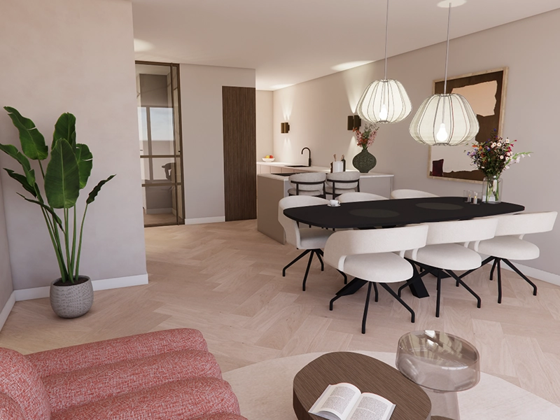 Moderne open woonkamer en keukenontwerp met lichte houten visgraatvloer, ronde zwarte eettafel met beige stoelen, grote hanglampen en stijlvolle planten, ontworpen door Nouk Interiors.