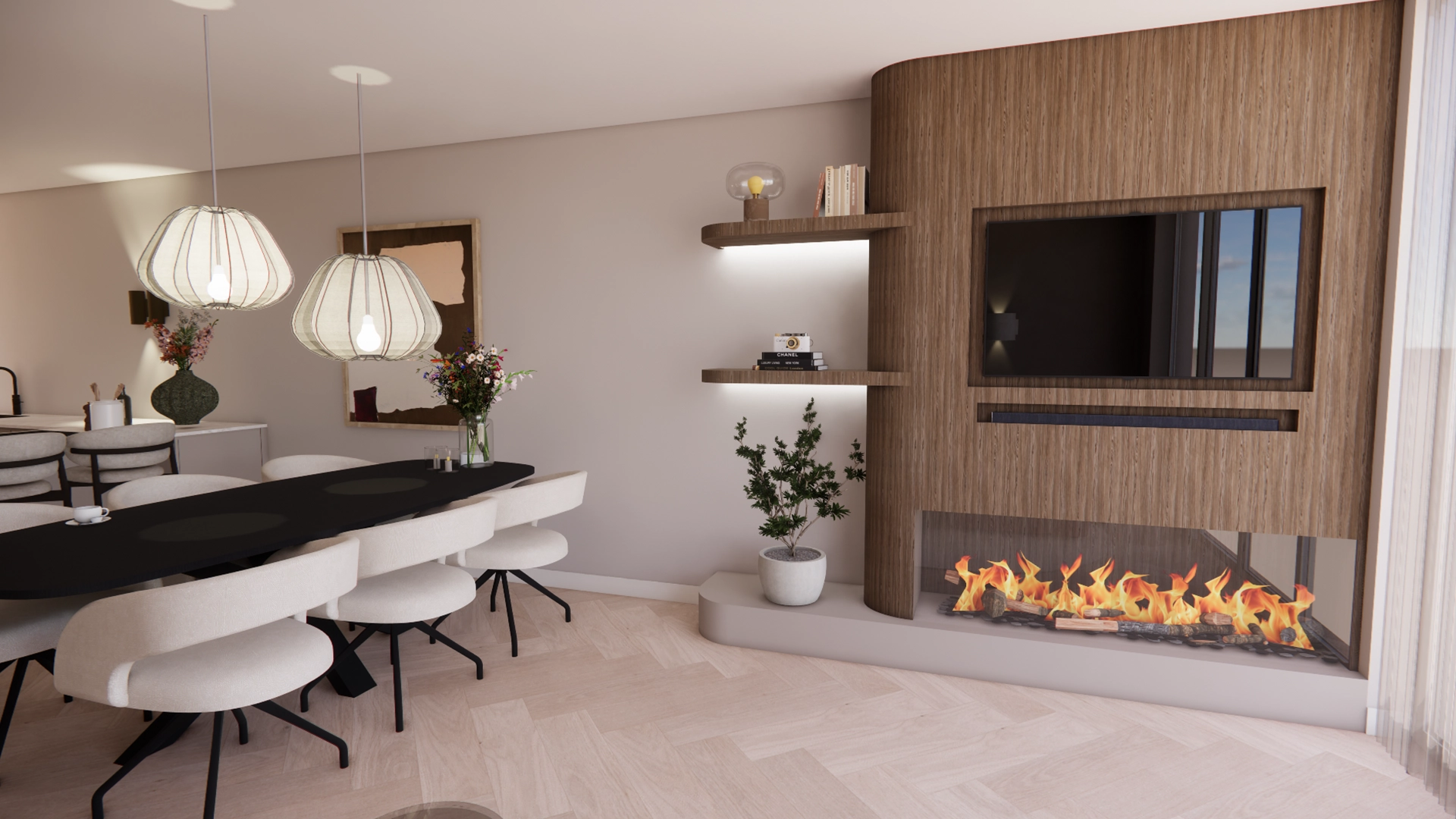 Stijlvol interieurontwerp met moderne haardwand van hout, ingebouwde televisie, zwevende planken en een lange eettafel met beige stoelen en design hanglampen, ontworpen door Nouk Interiors.