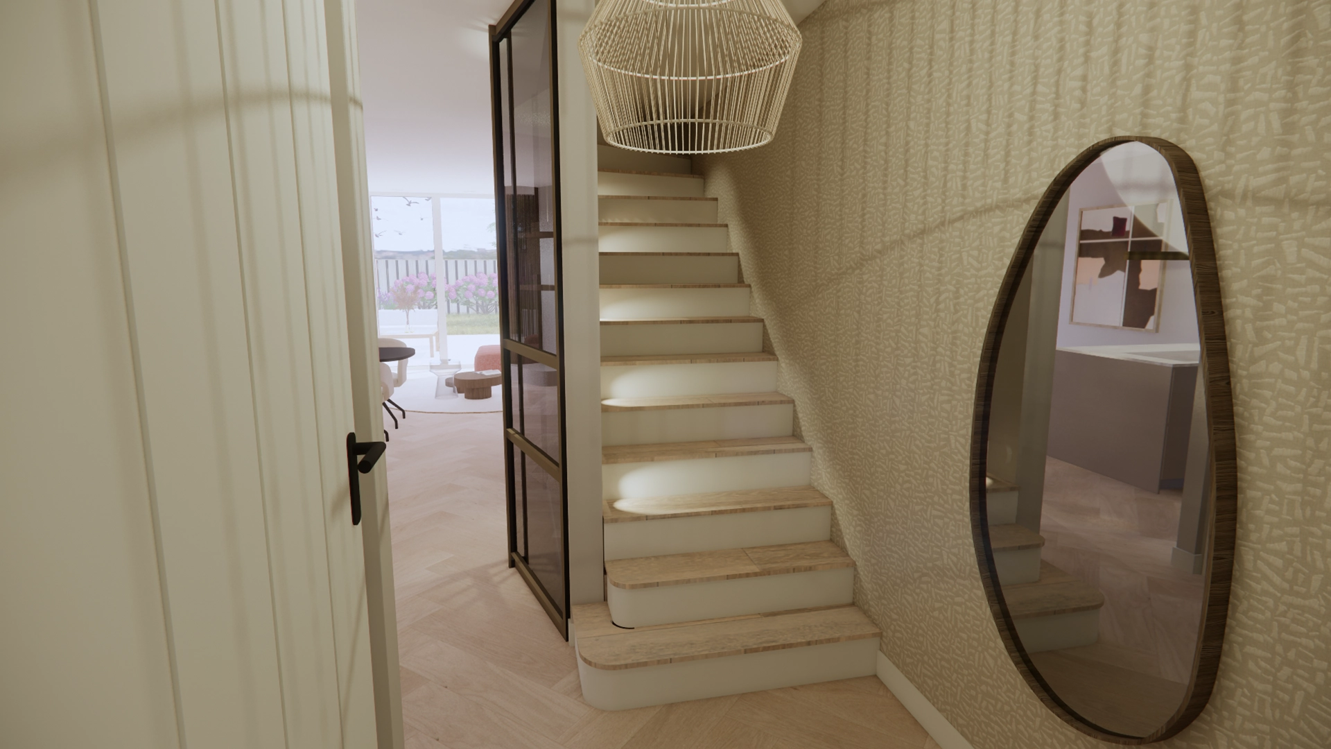 Moderne hal met lichte houten trap, glazen deur, organische wandspiegel en design hanglamp, met doorkijk naar de woonkamer, ontworpen door Nouk Interiors.