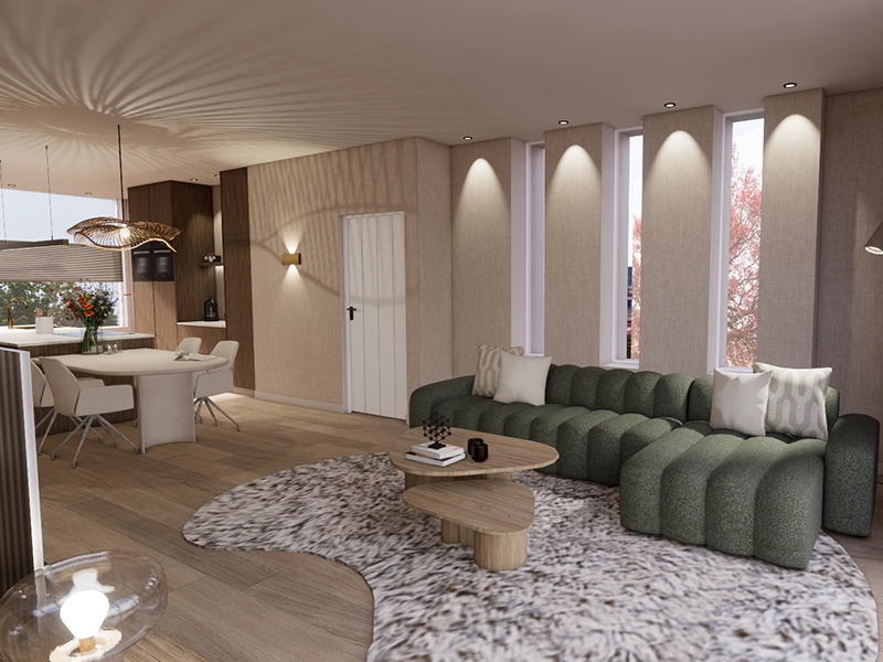 Moderne woonkamer met groene designbank, organisch vloerkleed, houten salontafels en open eethoek met ronde tafel en rieten hanglamp, interieurontwerp door Nouk Interiors.