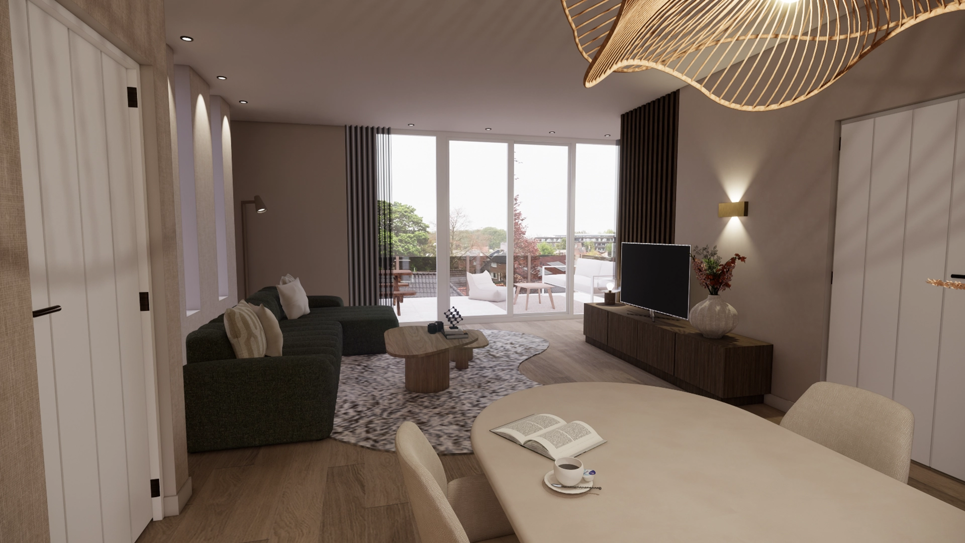 Lichte woonkamer met groene designbank, organisch vloerkleed, houten salontafels en grote raampartij met uitzicht op het terras, interieurontwerp door Nouk Interiors.