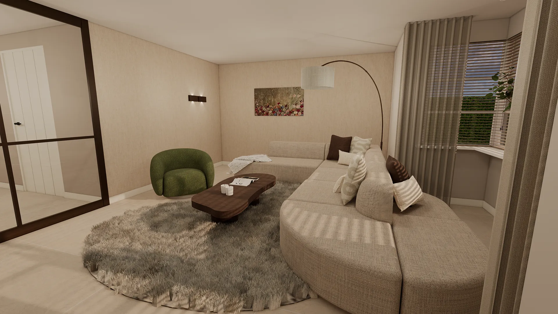 Sfeervolle woonkamer met beige hoekbank, groene fauteuil, ronde vloerkleed en houten salontafel in een warme, natuurlijke stijl.