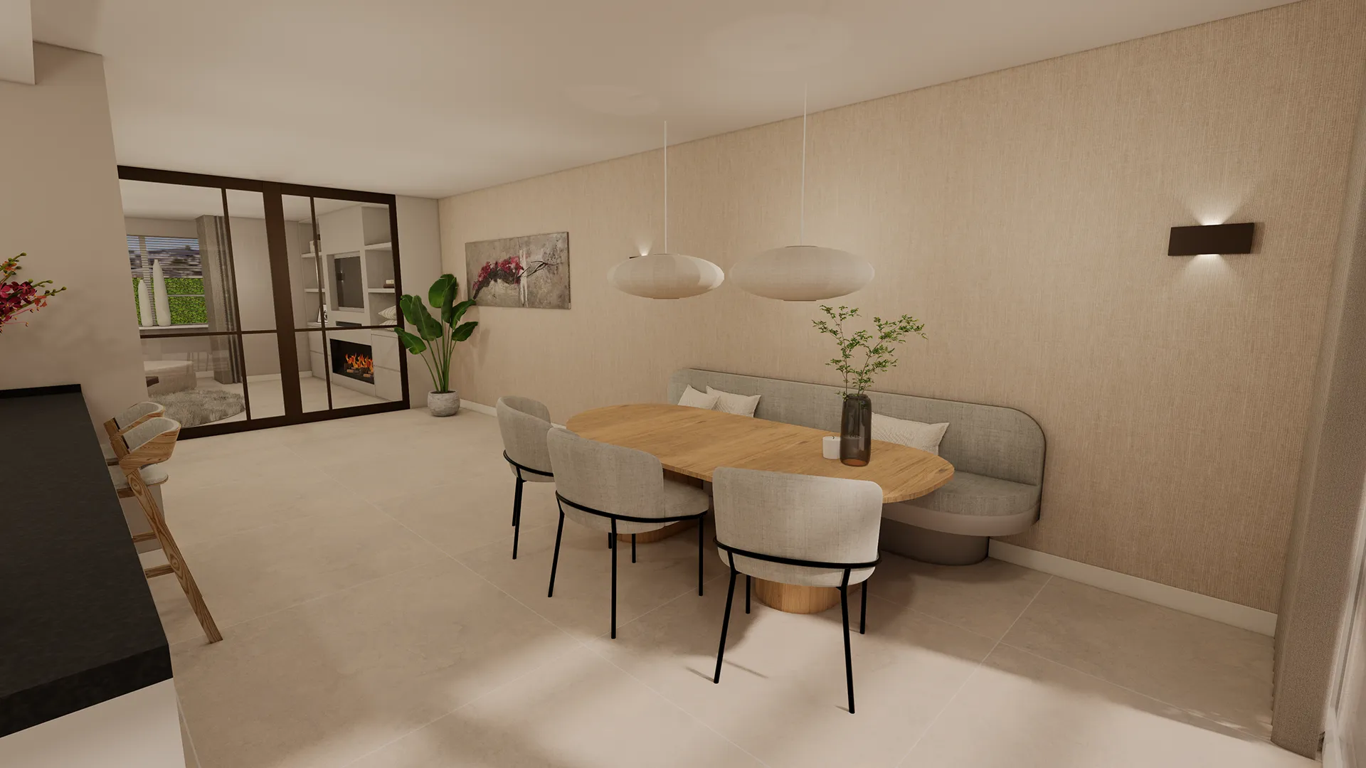 Eetkamer met ovale houten tafel, beige stoelen, ingebouwde bank en grote hanglampen, verbonden met woonkamer via glazen schuifdeur.