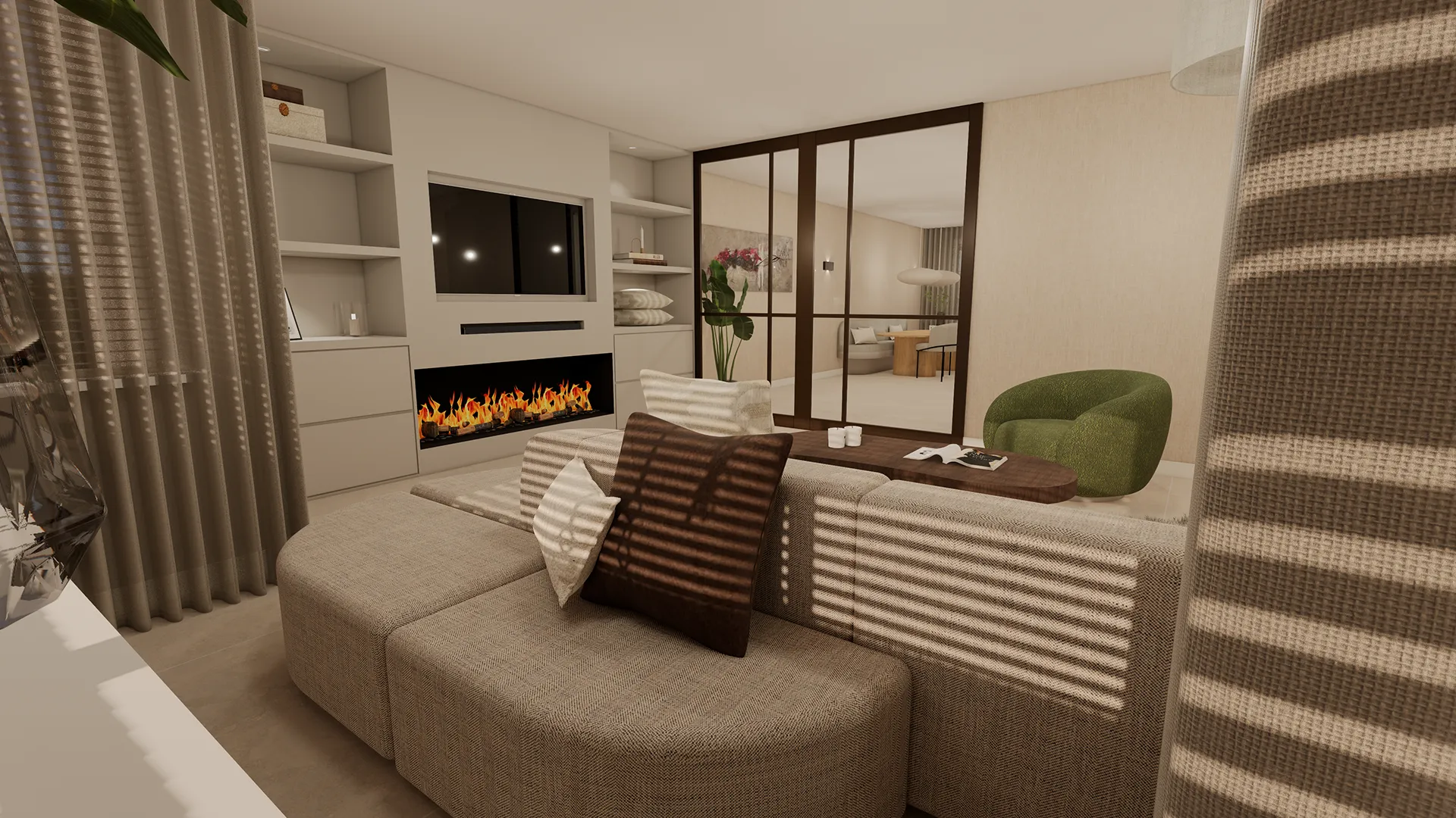 Warme woonkamer met beige bank, groene fauteuil, ingebouwde haard onder tv en glazen schuifdeur naar eetkamer in natuurlijke stijl.