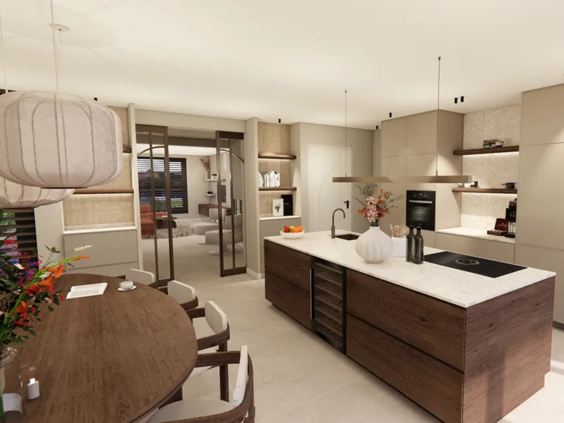 Moderne keuken met groot kookeiland in hout en marmer, ovale eettafel en glazen schuifdeuren naar sfeervolle woonkamer.
