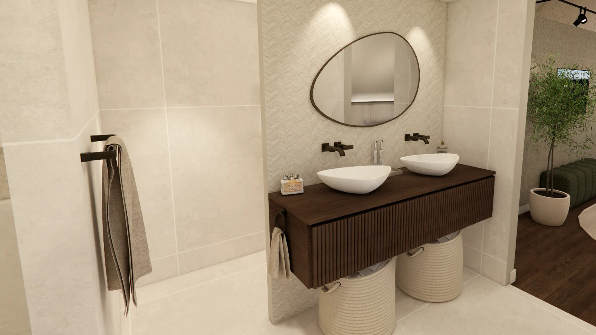 Moderne badkamer met houten wastafelmeubel, twee witte waskommen, ovaal spiegel en lichte tegelwand in natuurlijke tinten.