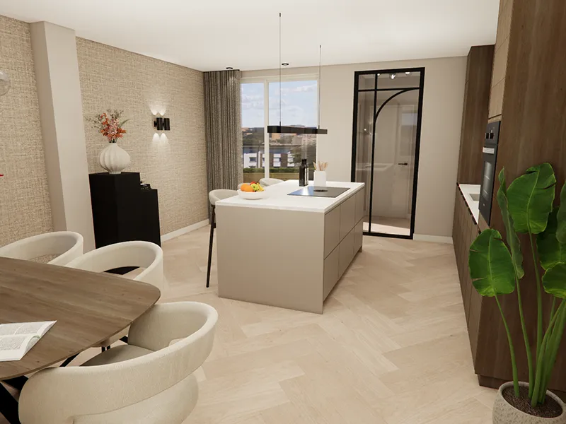 Lichte moderne keuken met kookeiland, houten accenten, ronde eettafel en zwarte stalen deur in een warme, natuurlijke stijl.