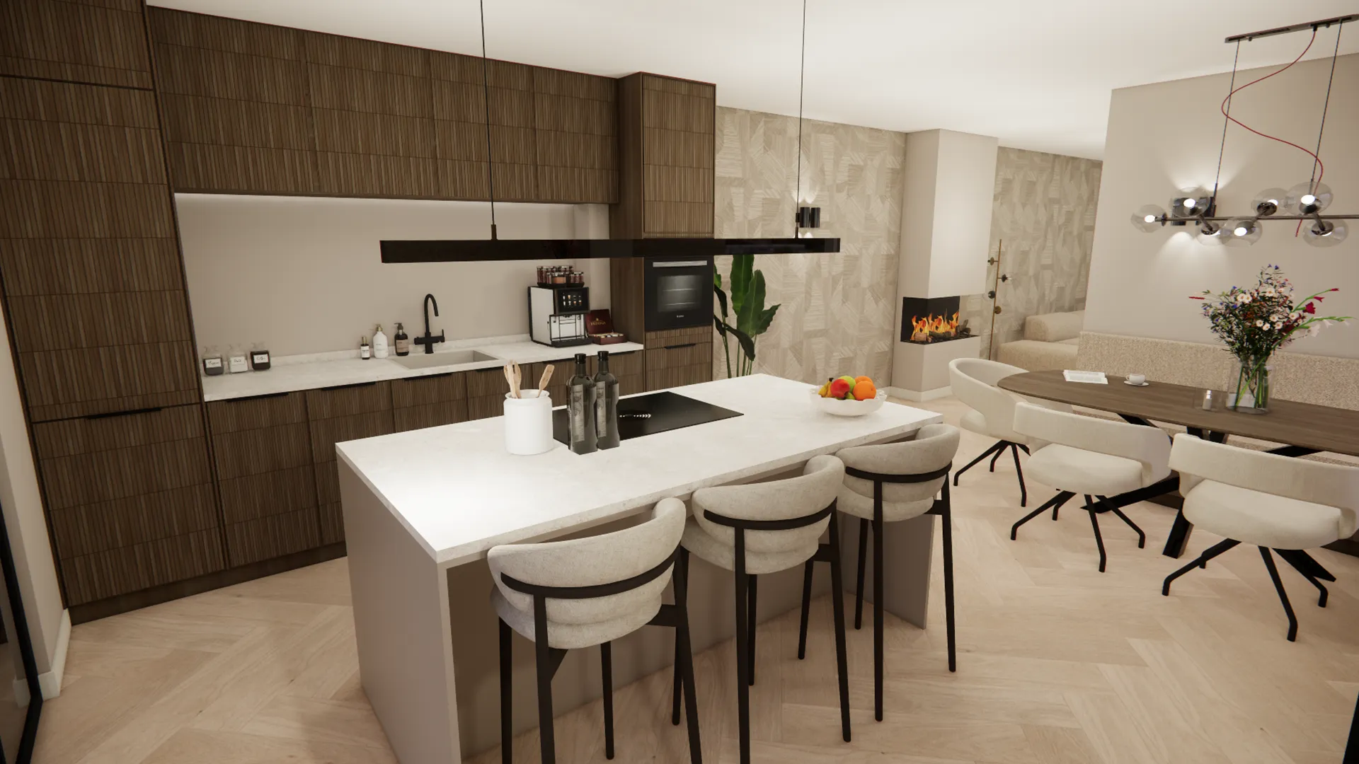 Gezellige woonkeuken met houten kastenwand, kookeiland met barkrukken, ovale eettafel en moderne haard in natuurlijke tinten.