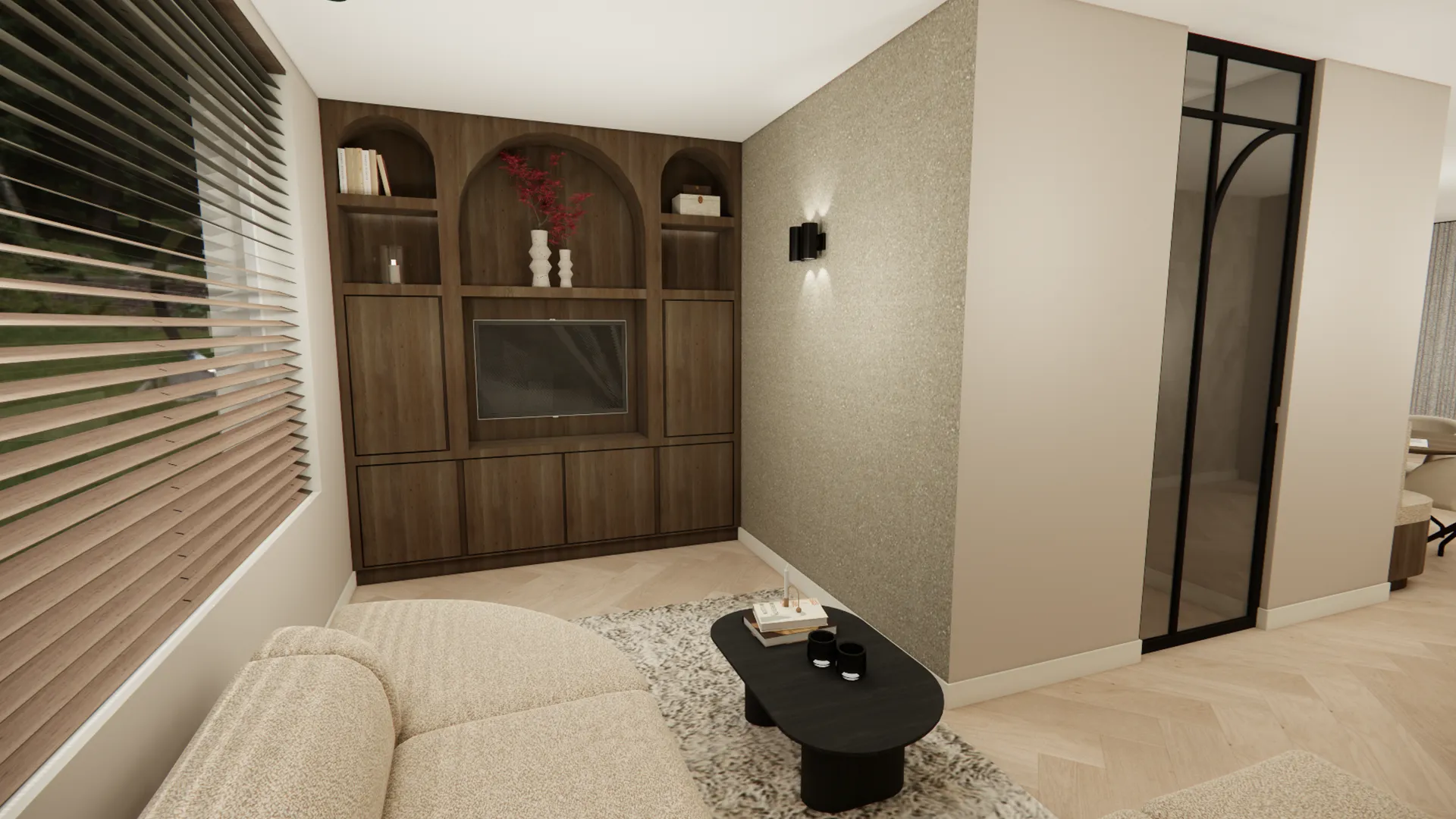 Knusse zithoek met beige bank, donkerhouten maatwerkkast met nisjes, zwarte salontafel en glazen stalen deur.