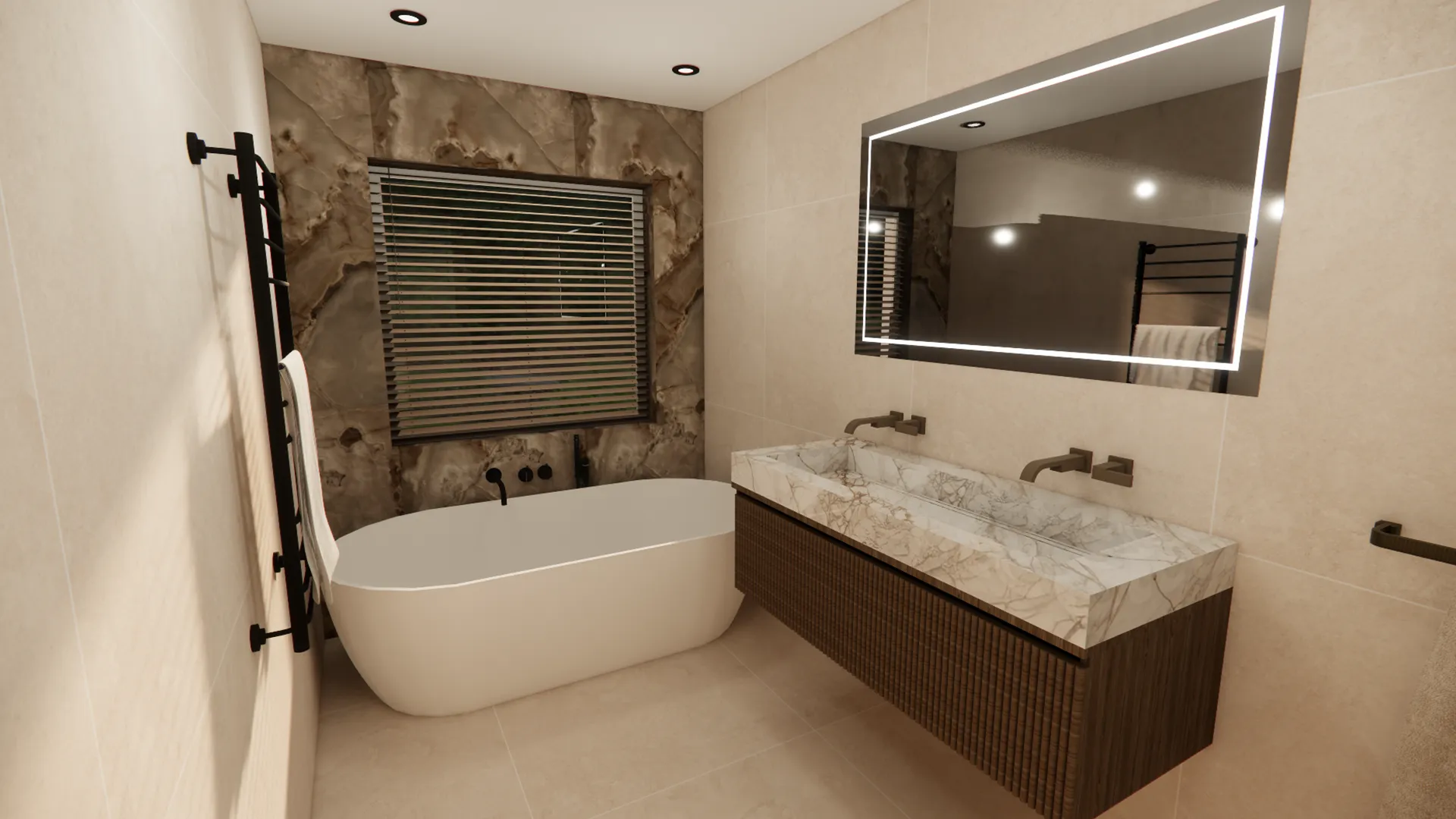 Luxe badkamer met vrijstaand bad, marmeren wastafelmeubel, verlichte spiegel en accentmuur met natuursteenlook.