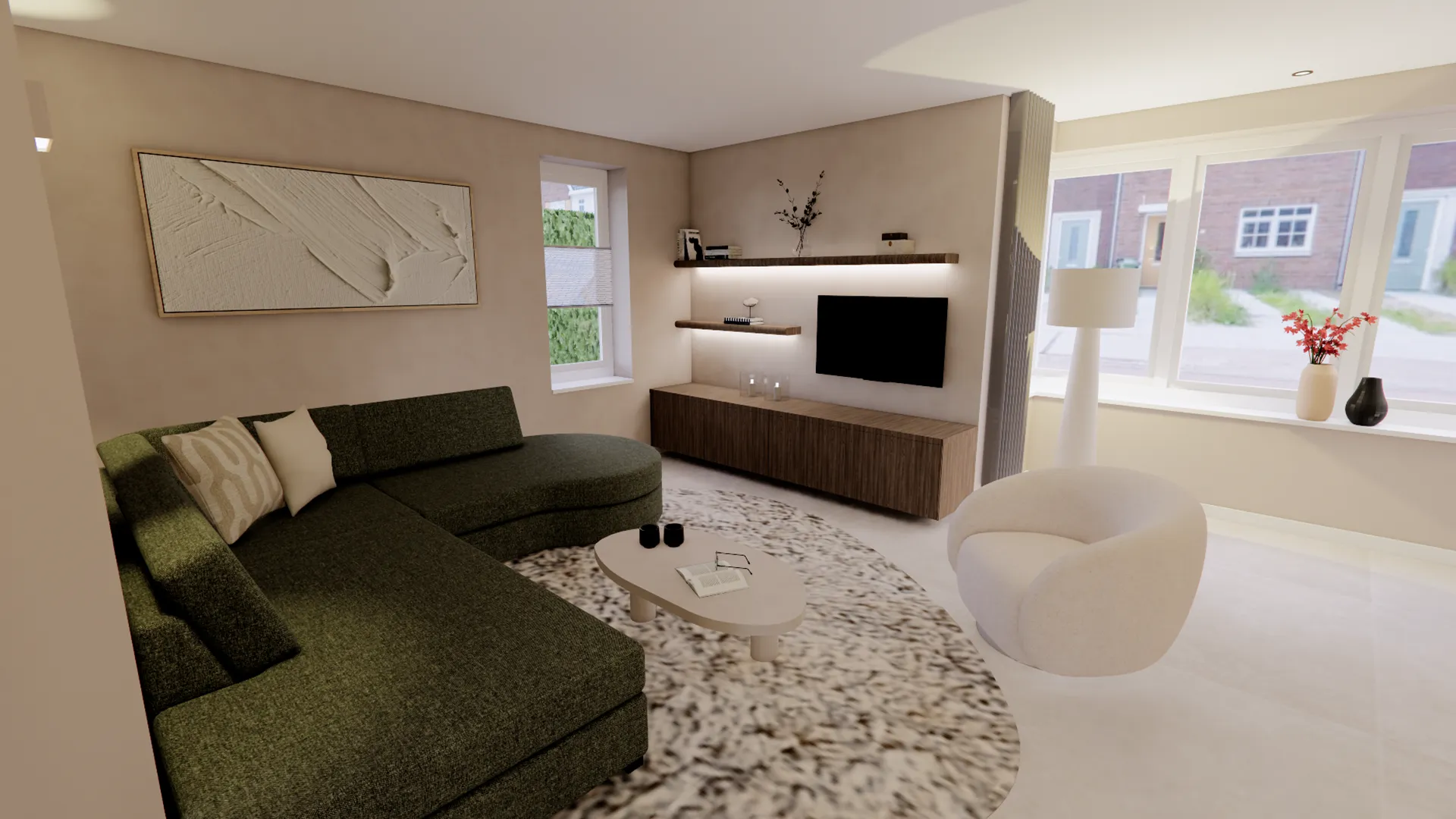 Gezellige woonkamer met groene hoekbank, ronde vloerkleed, lichte fauteuil en houten tv-meubel met sfeerverlichting.