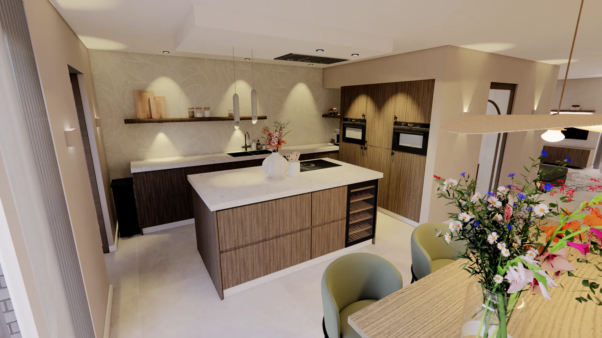 Moderne keuken met houten kasten, kookeiland met marmeren blad, open schappen en zachte sfeerverlichting in natuurlijke tinten.