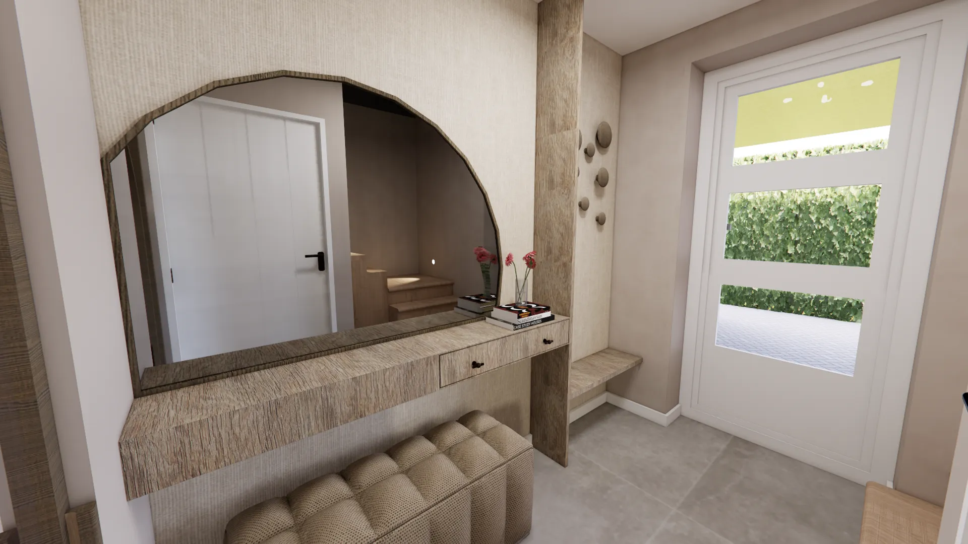 Stijlvolle hal met houten wandmeubel, grote boogspiegel, beige poef en moderne afwerking in natuurlijke tinten.