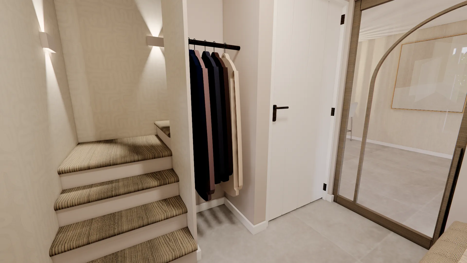 Inkomhal met trap, ingebouwde kledingnis, moderne wandverlichting en glazen schuifdeur naar de woonkamer.