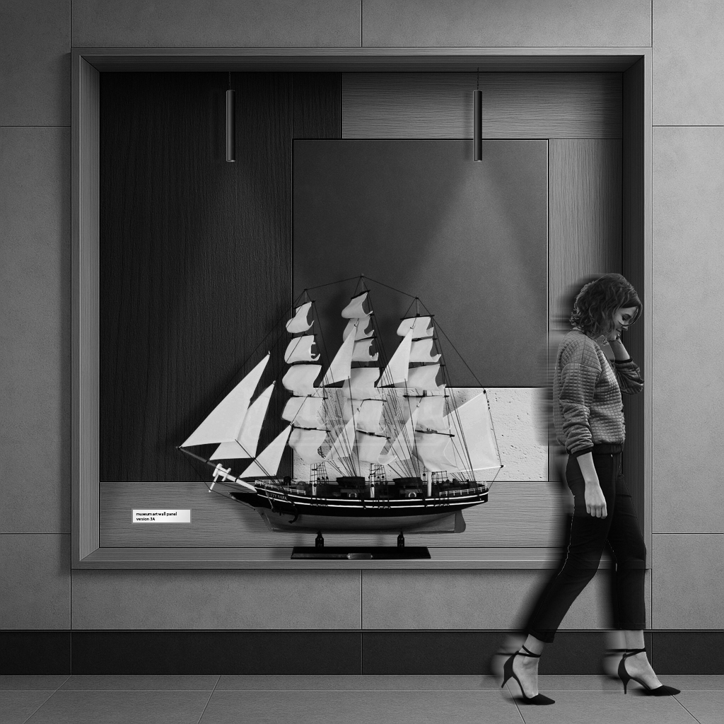 render of a wall display panel showcasing a boat