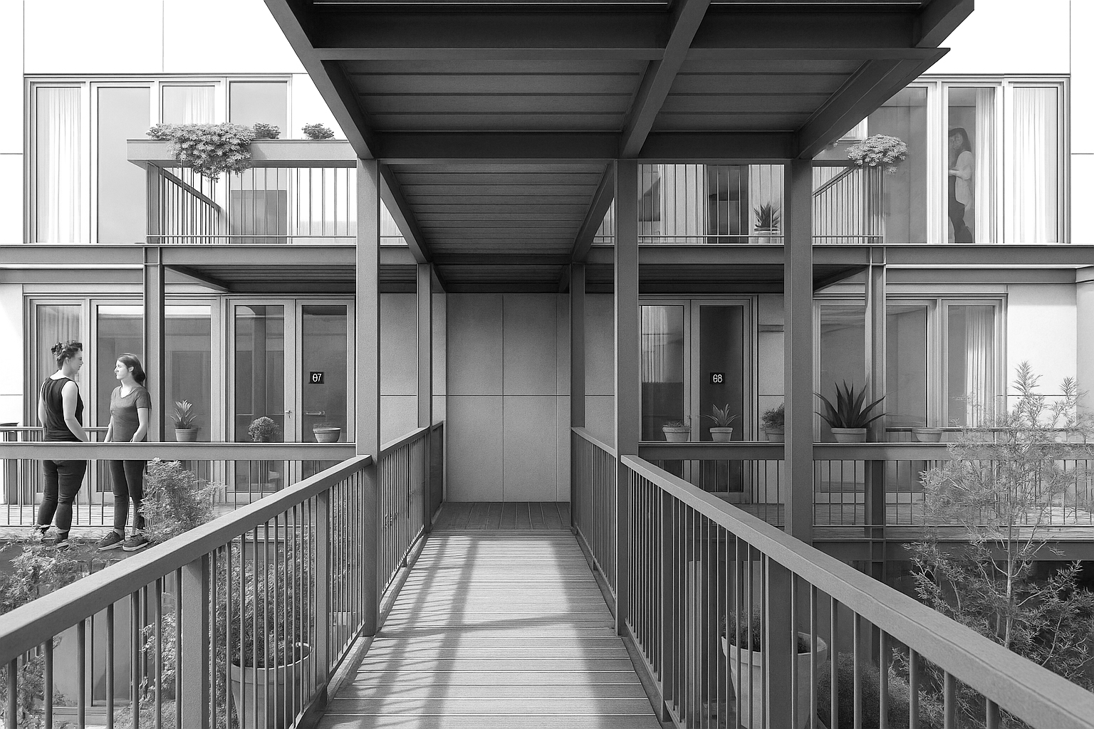 render in a courtyard standing on a bridge made from steel structure and wood flooring