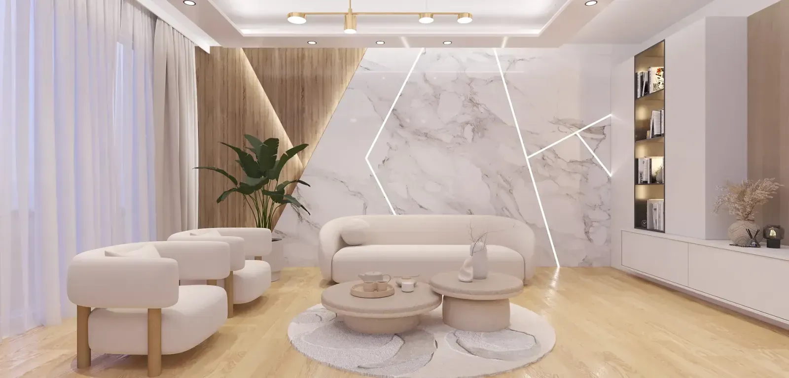 Moderner Innenraum mit geometrischem Wanddesign und Marmoroptik, akzentuiert durch dezente LED-Lichtlinien. Weißes Sofa und gemütliche Sitzgelegenheiten mit Holz- und Pflanzenakzenten schaffen eine elegante und entspannende Atmosphäre.