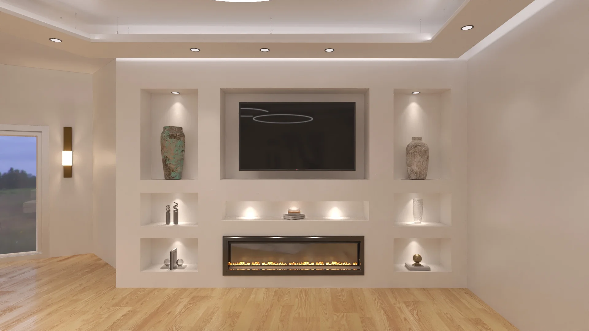 Luxuriöses Wohnzimmer mit Marmordesign und Designer-Lampen.