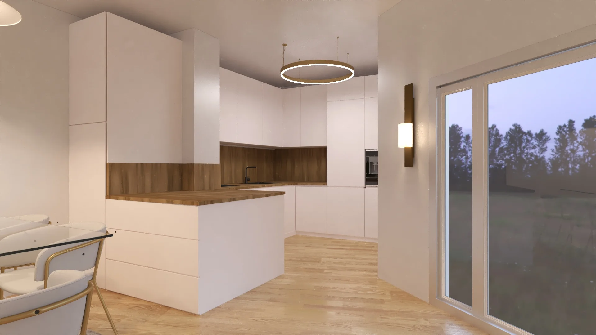 Offenes Wohnzimmer mit Blick auf die Küche, moderne Einrichtung.