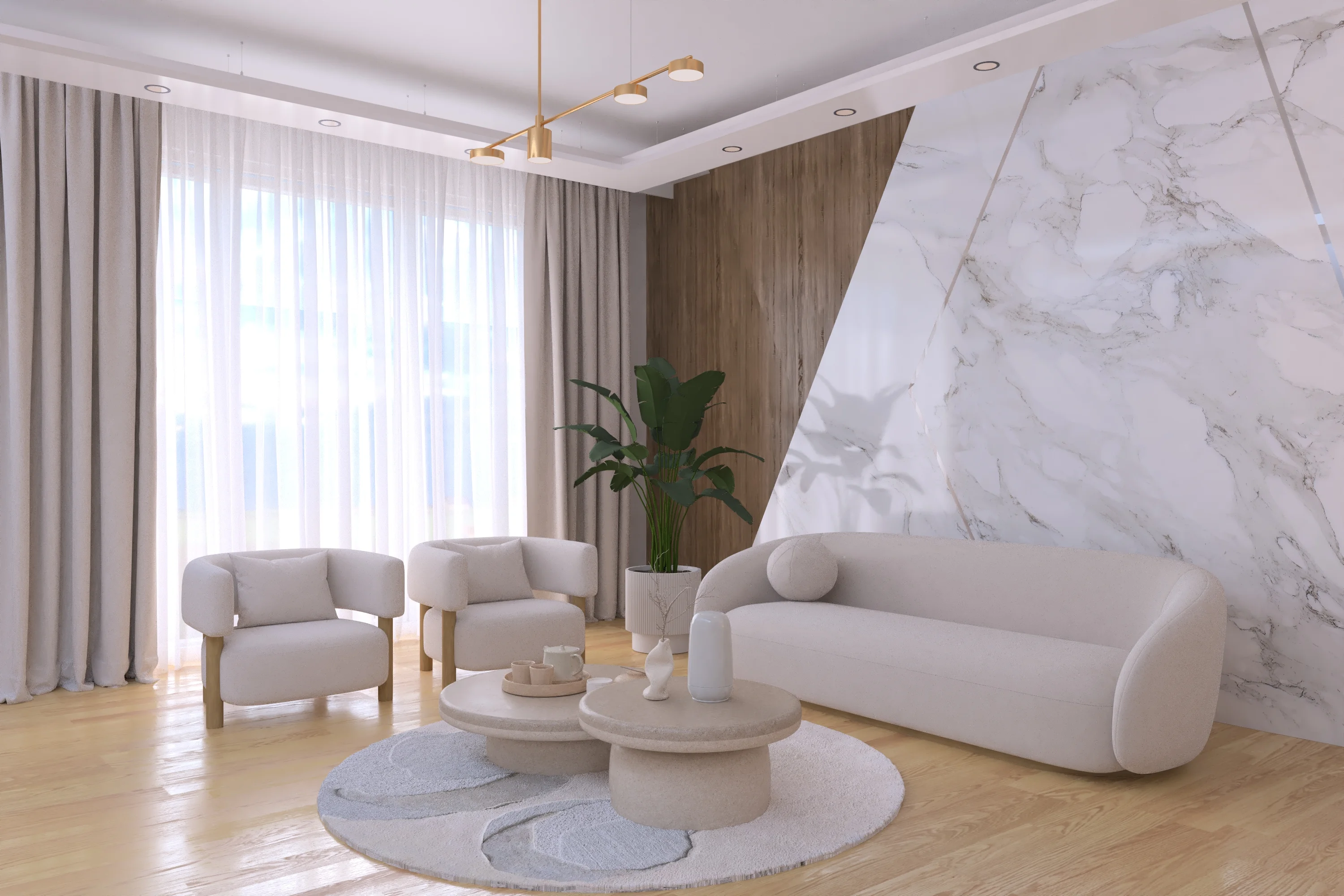 Helles Wohn- und Esszimmer mit moderner Wandgestaltung.