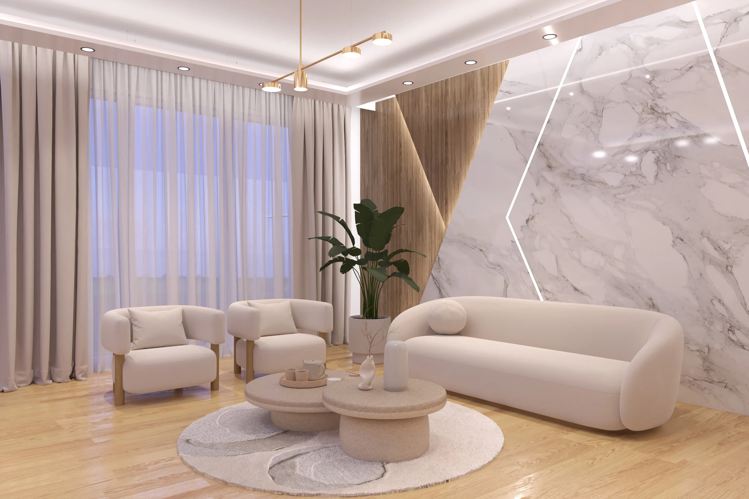 Elegantes Wohnzimmer mit Design-Decke und luxuriösem Interieur.