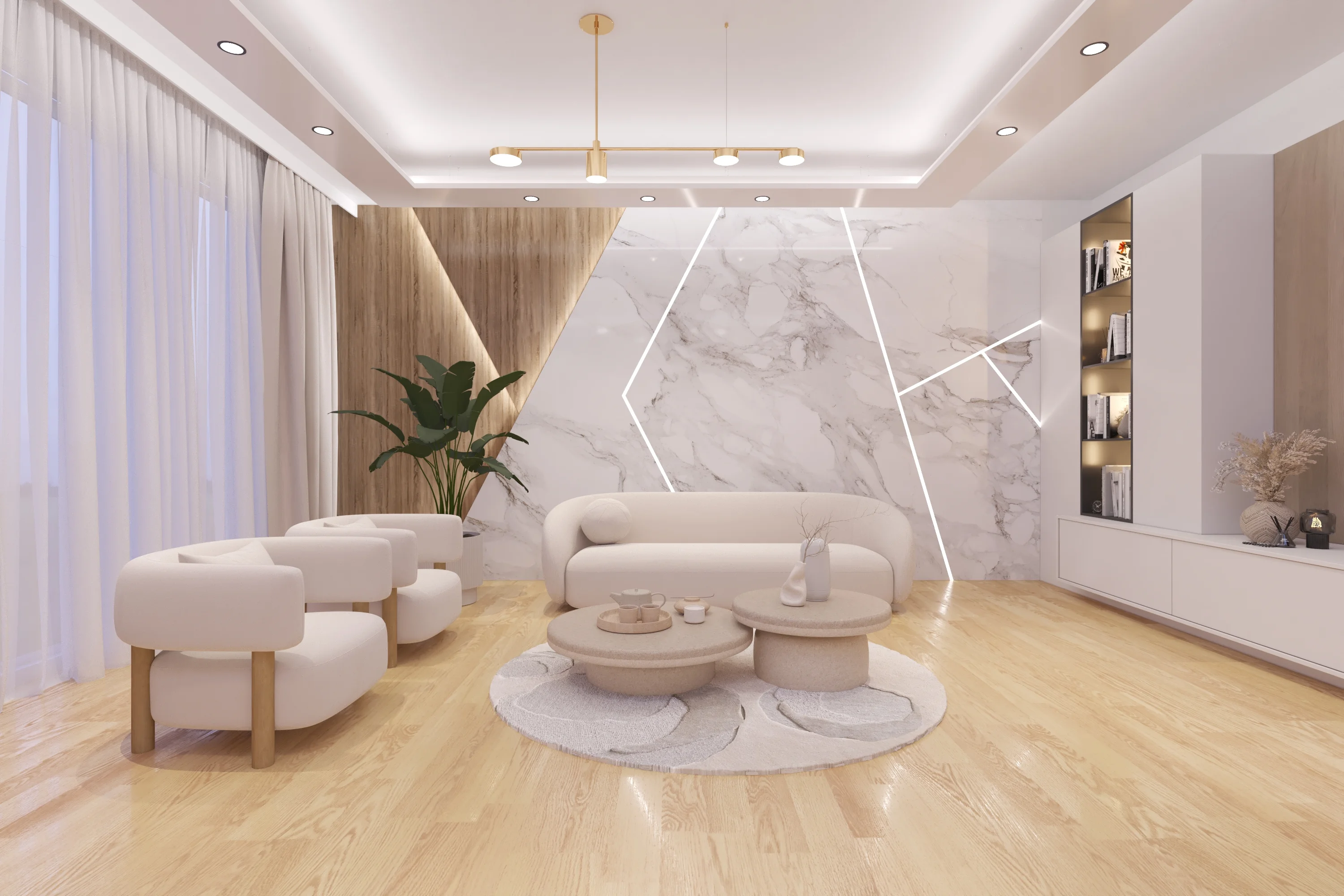 Hochwertiges Wohnzimmer mit Naturholzfußboden und modernen Möbeln