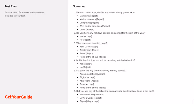 Screener for one of our remote user tests.