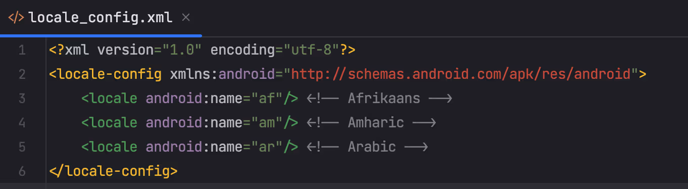 Image of an XML file named locale_config.xml. The file defines a locale configuration for an Android application, specifying three locales: Afrikaans (af), Amharic (am), and Arabic (ar).