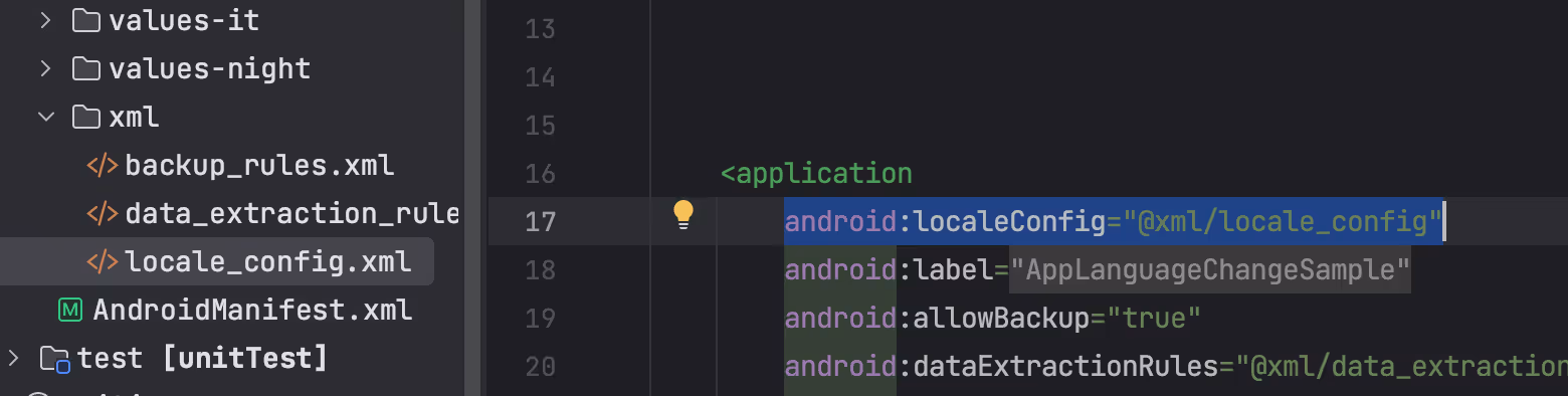 Image of an Android project directory and a segment of the AndroidManifest.xml file. The directory includes files such as backup_rules.xml, data_extraction_rules.xml, and locale_config.xml. The manifest segment shows the application tag with attributes for locale configuration, label, backup allowance, and data extraction rules.