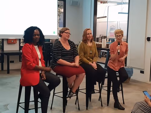 Anna participating in a panel at a Women in Data Meetup