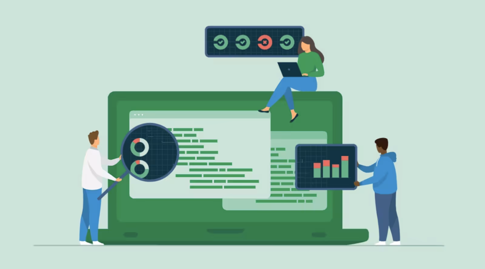 Illustration of three people interacting with a large laptop screen displaying code. One person is holding a magnifying glass over the code, another person is sitting on top of the laptop working on a smaller laptop, and a third person is holding a tablet showing a bar chart. Above the laptop screen, there is a status bar with checkmarks and an error symbol.