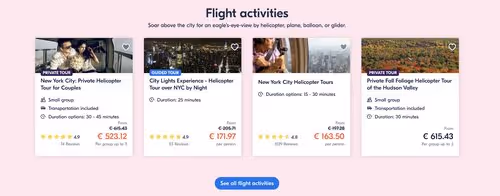 Activity cards displaying prices converted into customer’s preferred currency.