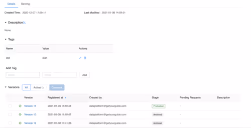 Example of MLflow model version panel