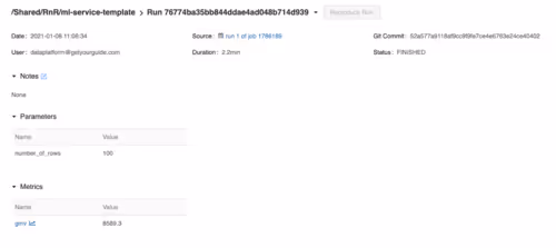 Example of MLflow training run with the metrics