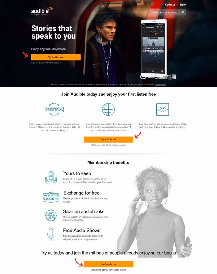 Repeating call-to-actions work well on longer pages.