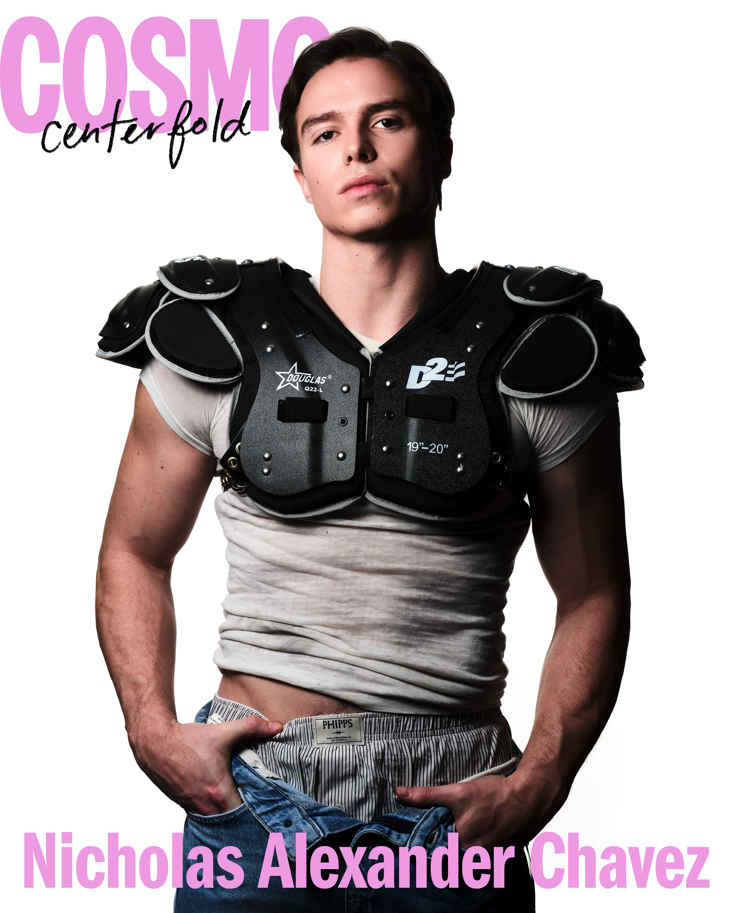 Nicholas Alexander Chavez in football gear for Cosmopolitan Centerfold