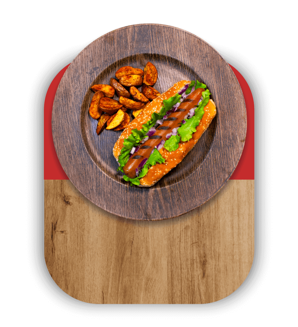 Plato con un perro caliente hecho con una salchicha gourmet asada, acompañado de papas fritas