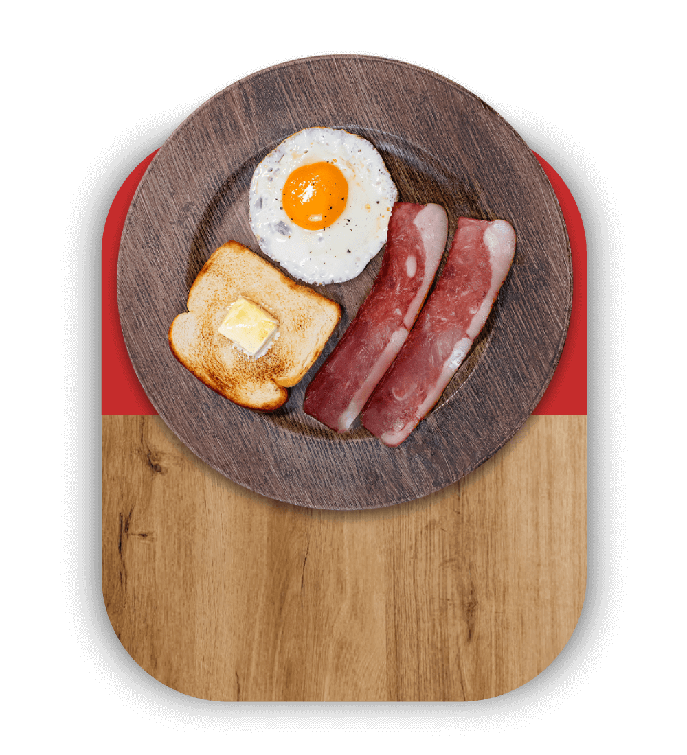  Plato de desayuno con 2 tocinetas de cerdo asadas, acompañadas de un huevo frito y pan con mantequilla