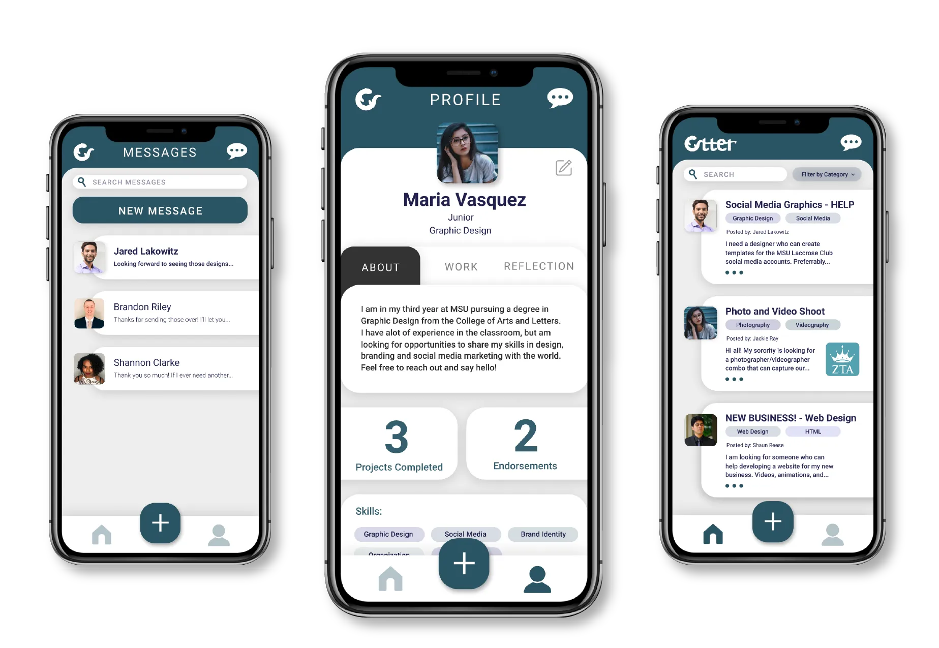 Otter App Mockups: Messages, Profile,  and Home