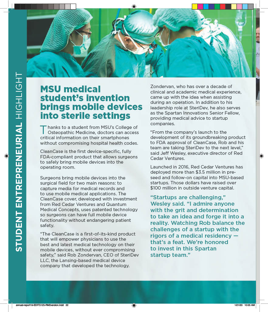 A page from the Michigan State University Innovation Center 2019 Annual Report